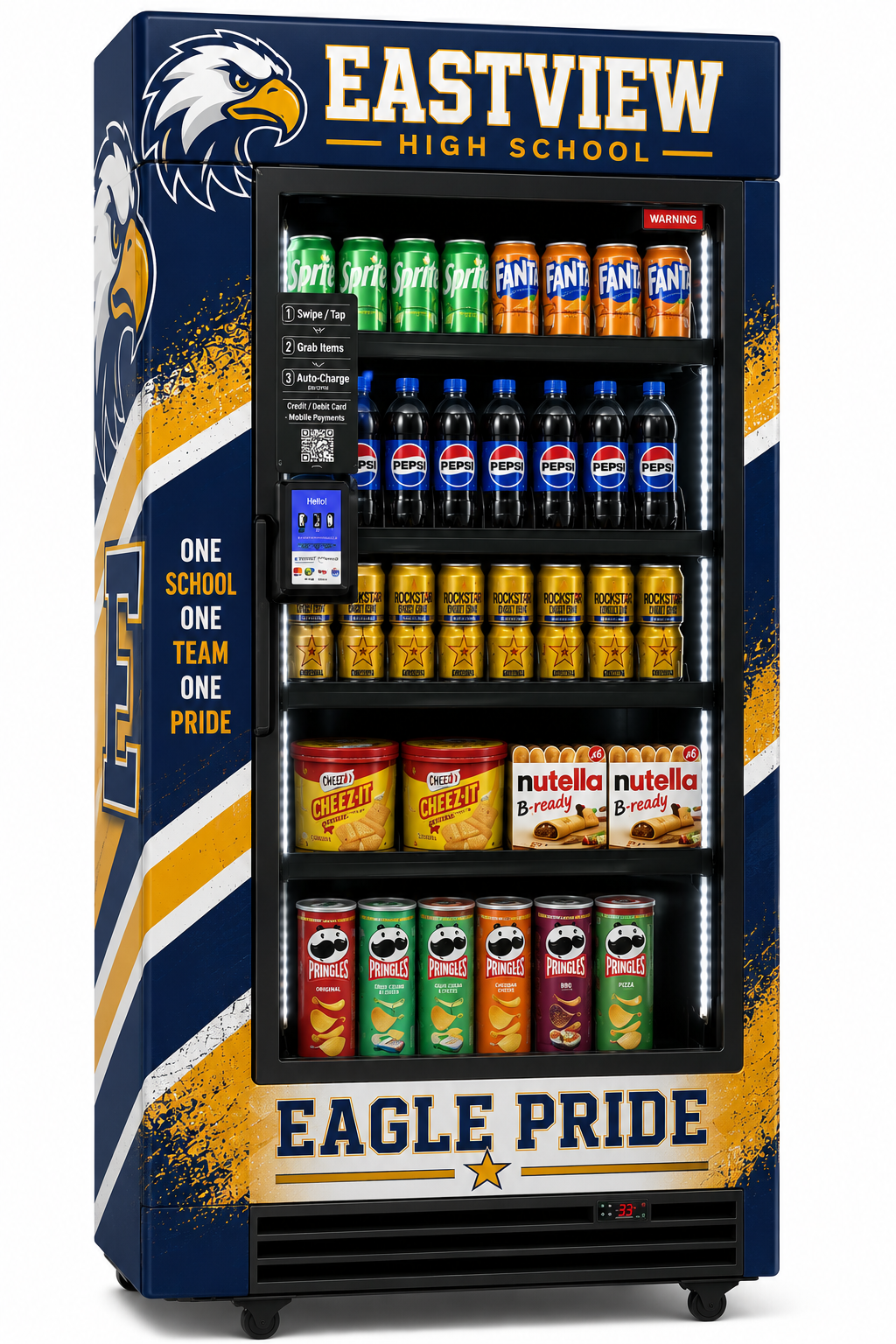 Concept example of a school-branded GRAB smart vending machine with school colors and eagle mascot